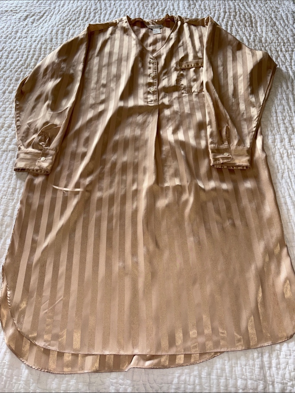 Cacique Women’s Silky Striped Tan Long Shirt Lounge Dress EUC M